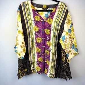 Citron‎ Poeme Silk Blend Asian Floral Tunic Top Size 2X Contrasting Print